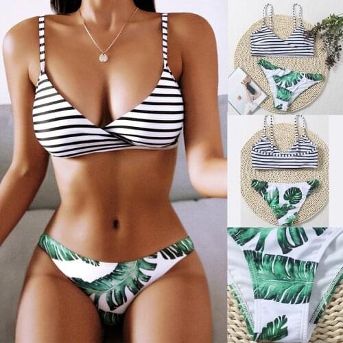 Hot kf-Womens Leaf Print Bikini 2-Piece Sexy Striped Split Swimsuit White