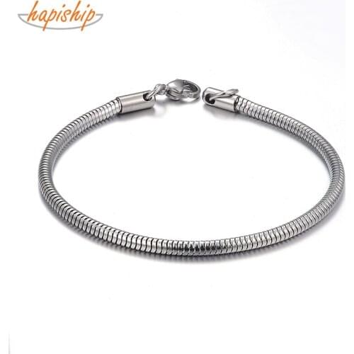 Hapiship Fashion Stainless steel 3mm Snake Chain Charms Beads Bracelet Bangle Lobster DIY Bracelet For Women Jewelry G141