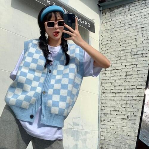 Korean Style Cardigan Knitted Vest Women Chessboard Single Breasted Casual Knitted Garment Loose Plaid Sweater Vest Sleeveless