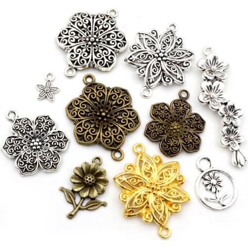 32x24mm 10pcs Antique Silver Plated and Bronze Plated Flower Style Handmade Charms Pendant:DIY for bracelet necklace