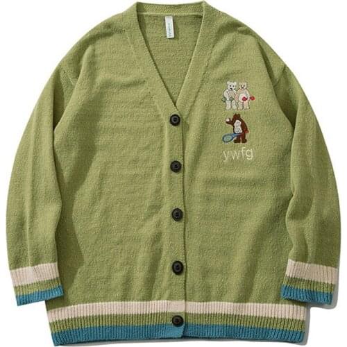 Fashion Korean Cartoon Embroidery Mens Sweaters Casual Winter Sweater Men Hip Hop Knit Cardigan Men Big Sizes Mens Sweater top