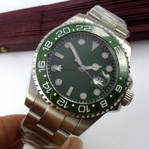 40mm Automatic Mens Watch Steel Ceramic Bezel Deployment Green Dial GMT Oyster Strap Sapphire Glass Screwdown Crown