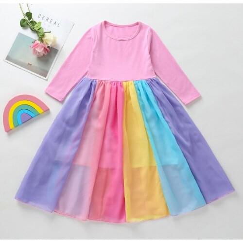 2021 New Children Skirt Spring Long-Sleeved Rainbow Lace Dress Girls Rainbow Print Princess Dress Easter Clothes Vestidos 6 Age