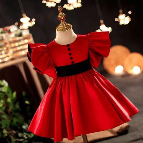 Flower Girl Dresses O-Neck Flare Sleeve Short Button Princess Knee-Length Jersey Luxury Red Elegant Cute Kids Party Gown H527