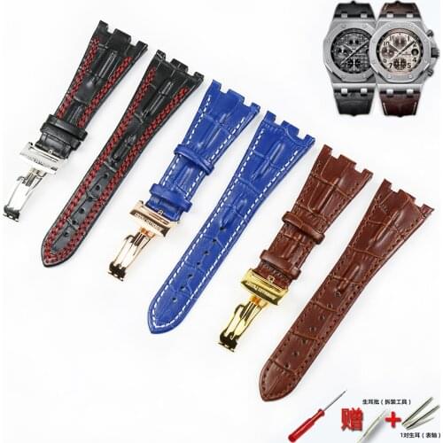 Watch accessories bone grain leather strap folding buckle for AP 15703 26470SO Royal Oak offshore 28mm mens sports strap