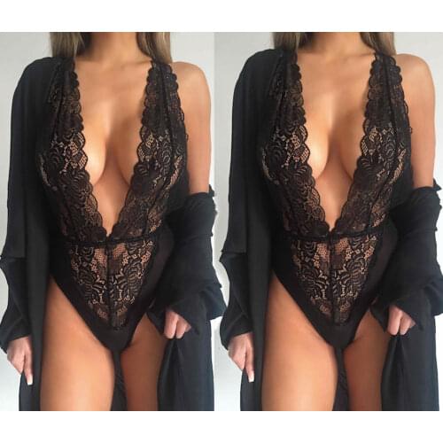 Sexy lingerie lace hollow pattern lingerie sexy lingerie one-piece lace solid color transparent side nightdress sexy clothing