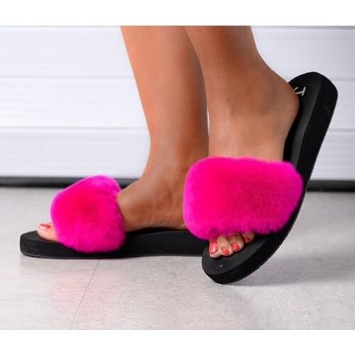 2020 Autumn And Winter Fur Slippers Women Real Rabbit Fur Slides Furry Flat Sandals Female Casual Cute Fluffy Shoes