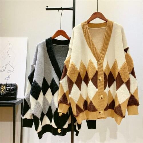 2021 Thickened Argyle Cardigan Women Oversized Cardigan Long Sweater Coat Female Fall Winter Knitted Jacket Korean Loose Outwear