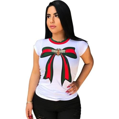 Summer T Shirt Women Bow Tie Print Casual T-Shirt Short Sleeve Female Tshirts Tops O-Neck Blusas Feminina