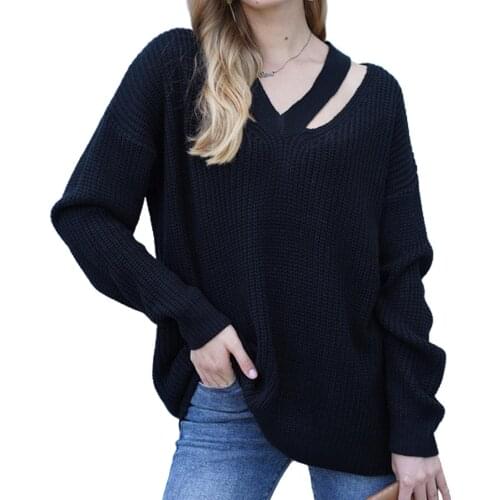 Women Autumn Winter V Neck Long Sleeve Hollow Out Knitwear Sweater Loose Jumpers Women Clothing