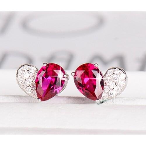 Small Love Heart Red Crystal Ruby Gemstones Diamonds Stud Earrings for Women White Gold Silver Color Jewelry Trendy Accessories
