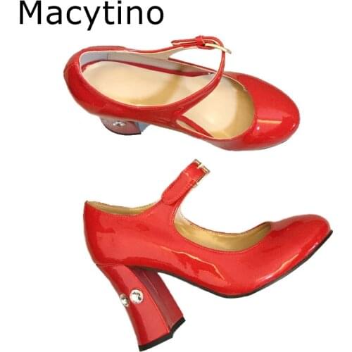 Women Pumps Red Patent Leather Pointed Toe 10cm Chunky Block Diamond High Heels Casual Party Wedding Marry Jane Ladies Shoes