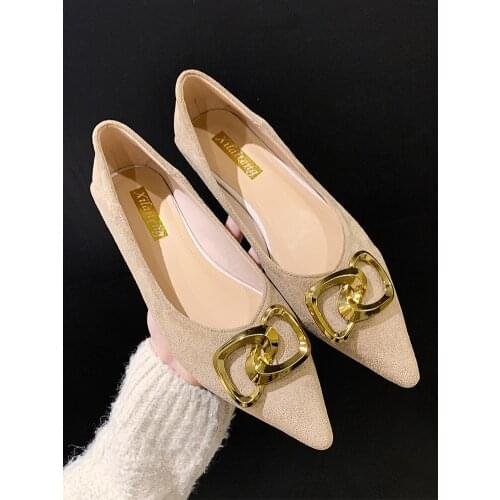 Point toe womens shoes spring 2021 new suede metal buckle bow thick heel work shoes