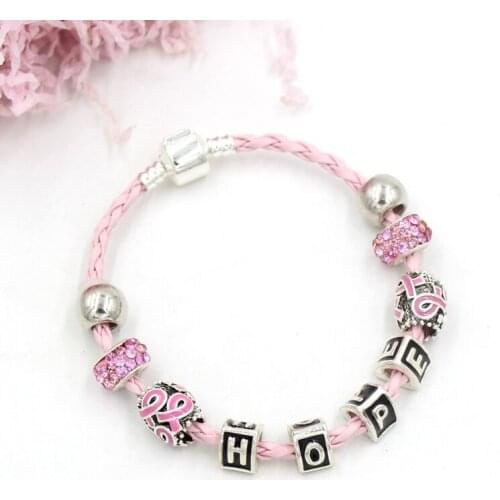 10PCS Awareness Jewelry PU Pink Leather Rope With Pink Ribbon Bead Hope Breast Cancer Bracelets Bangles For Women Pulsera