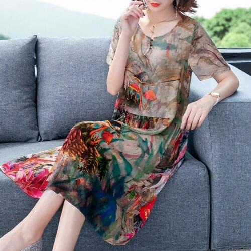 2020 Summer Dress Women New Large Size Loose Print Flowers Casual Loose Vintage Fashion Office Ladies Dress Elegant Robes r204