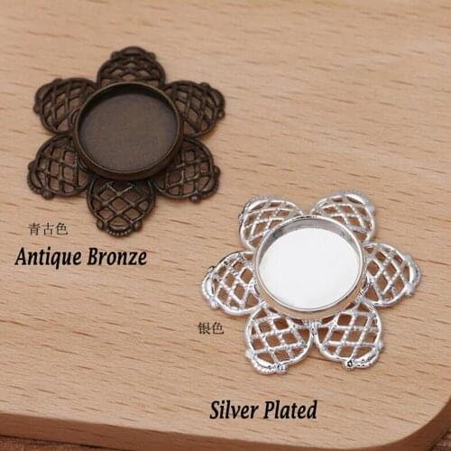 100pcs silver plated antique bronze 26mm flower into 12mm bezel blank pendant base cabochon settings