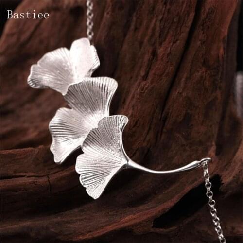 Bastiee Ginkgo Leaf Necklace Pendant Gifts Silver 925 Jewelry For Women Vintage Link Chain
