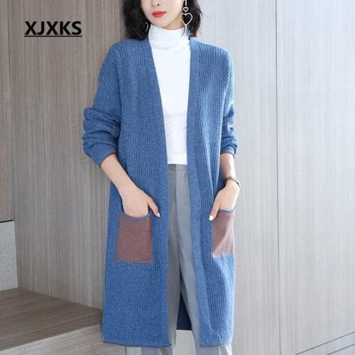 XJXKS High-end cashmere knitted long cardigan women sweater 2020 autumn winter new loose plus size fashionable women long coat