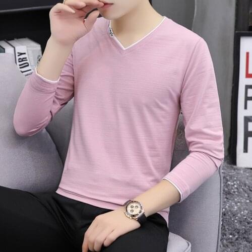 Pink T Shirt Spring Autumn T-shirts Mens Long Sleeve T-shirt 2021 New Body Fashion V-neck Solid Color Autumn Clothes Shirts