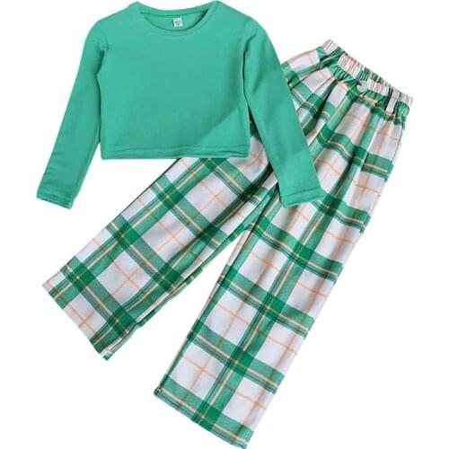 2021 Spring and Autumn Girls Clothing Sets Toddler Kids Clothes Long Sleeve Tops + Plaid Pants 2pcs Clohtes For Children