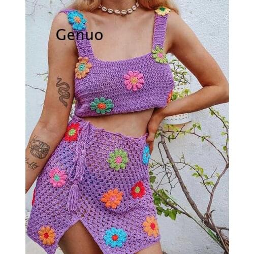 Y2K Floral Crochet Crop Cami Top and High Waist Split Skirt Summer Knitted Suit Beach Vacation Two Piece Set Women Outfits