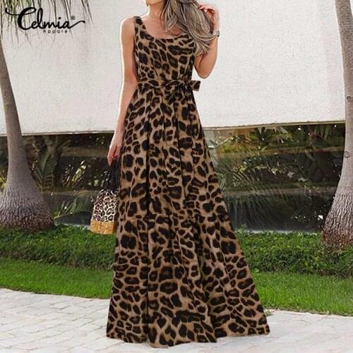 Summer Bohemian Leopard Print Party Dress Celmia Women Elegant Sleeveless Tank Vestidos Casual Swing Maxi Sundress