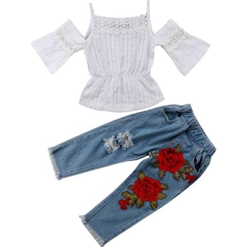 Summer Toddler Kids Baby Girl Off shoulder Lace T-shirt Tops+Rose Flower Ripped Jeans Denim Pant 2PCS Fashion Clothing Set