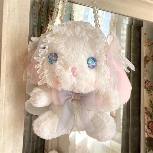 4 Colors Cute Lolita Bunny Shoulder Bag Small Rabbit Purse Soft Plush Doll Lop Girl Synthetic Pearl Chain Bow Toy