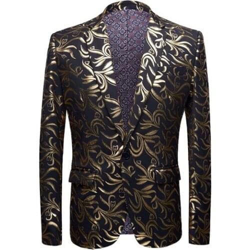 New Mens Plus Size 5XL Gold Pattern Casual Slim Fit Blazer DJ Club Stage Singer Party Costume Wedding Groom Suit Jacket