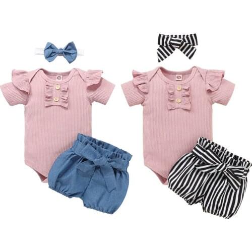 OPPERIAYA Baby Girls Three-piece Summer Clothing Casual Set Round Collar Short Sleeve Bodysuit Shorts Bow Headdress Blue Black
