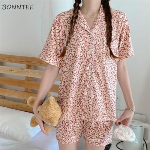 Pajama Sets Women Summer Leopard 2 Colors Simple Comfortable Nightwear Girls Kawaii Fashion Korean Style Turn Down Collar New