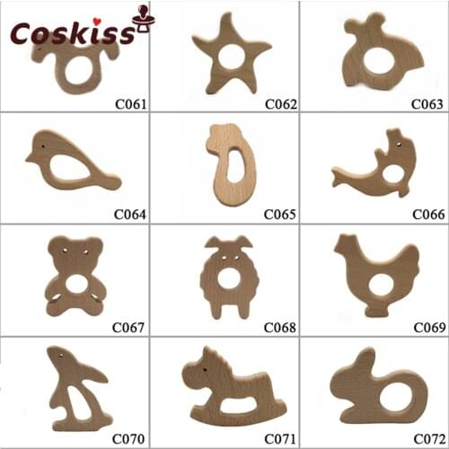 10pcs Smooth Beech Wood Baby Teether Cartoon animal Natural Wooden Teethers, Wood Teething Accessories, Baby Chew Toys