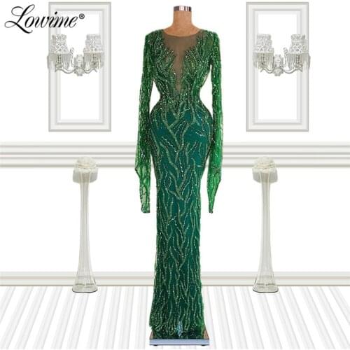 Green Beaded Mermaid Evening Dresses 2021 Newest Long Sleeves Formal Dubai Arabic Party Dress Middle East Women Prom Gowns Robes
