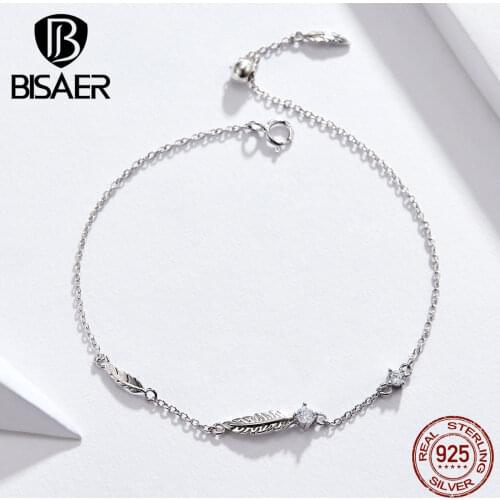 BISAER 925 Sterling Silver Chain Link Women Bracelets Vintage Feathers Silver Bracelets Lobster Clasp Silver Jewelry ECB133