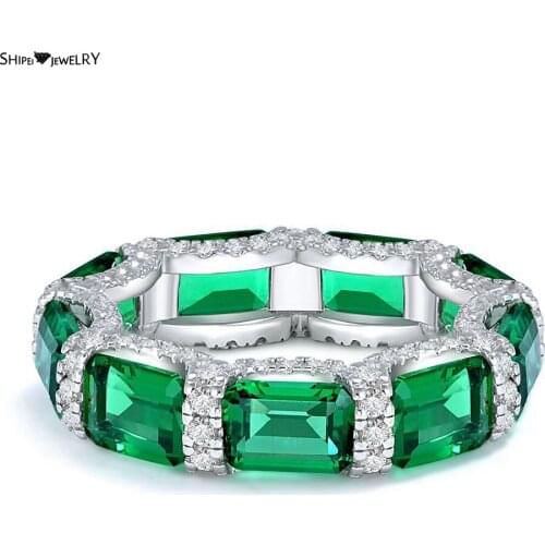 Shipei 925 Sterling Silver Emerald Cut Emerald Created Moissanite Gemstone Wedding Band Temperament Women Ring Fine Jewelry Gift