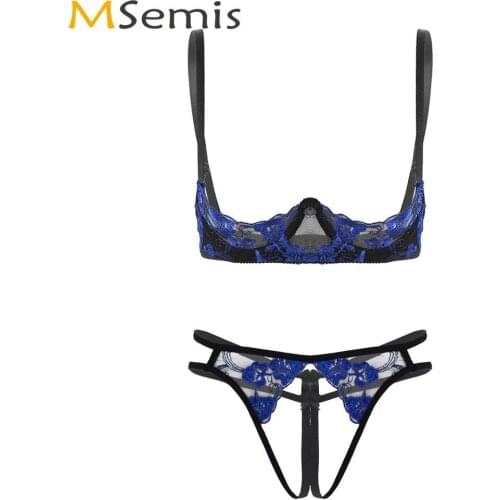 Women Embroidery Lace Lenceria Nightwear Erotic Micro Lingerie Set Porno Sheer Floral Bikini Bra with Crotchless G-String Briefs