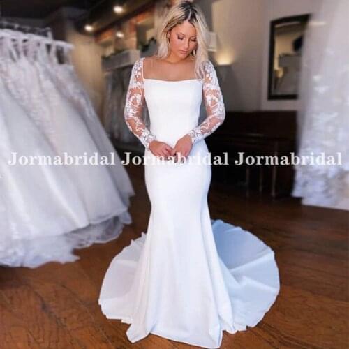 Long Lace Sleeves Mermaid Wedding Dresses With Square Collar 2021 White Stretch Satin Modest Bridal Dress vestidos de novia