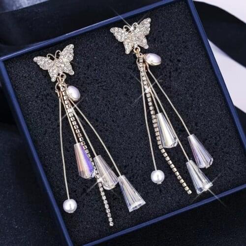 2021 South Koreas New Butterfly Earrings Long Crystal Tassel Earrings Fashion Wild Simple Earrings Wholesale