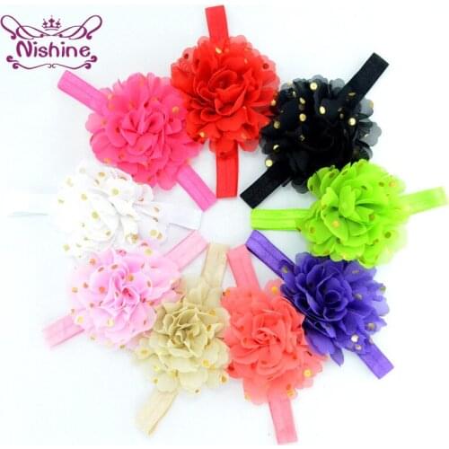 22 Colors 10 CM Chiffon Flower Children Headband Golden Dots Floral Elastic Hairband Baby Girls Headwear Kids Photography Props