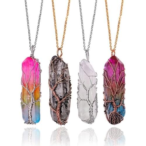 7 Chakra Natural Rainbow Stone Tree of Life Pendant Necklace for Women Men Handmade Copper Wire Long Chain personality Gift