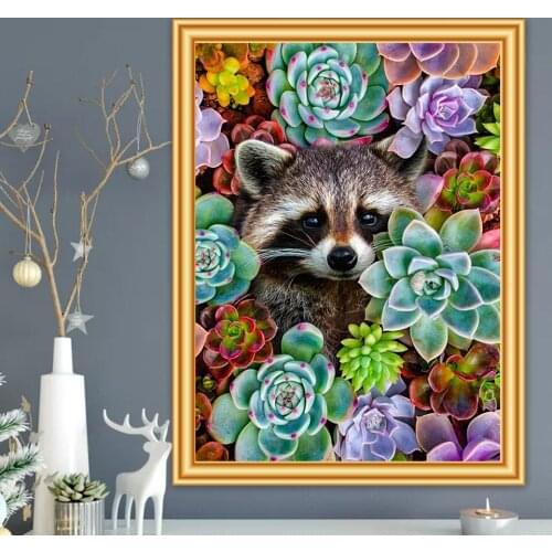 DIY 5D Diamond Painting Succulent Plants Cross Stitch Kit Full Drill Embroidery Raccoon Animal Mosaic Art Picture of Rhinestones