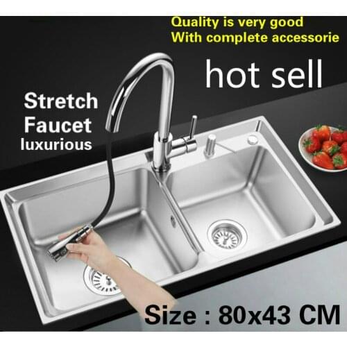 Free shipping Household standard stretch faucet luxurious kitchen double groove sink 304 stainless steel hot sell 800x430 MM