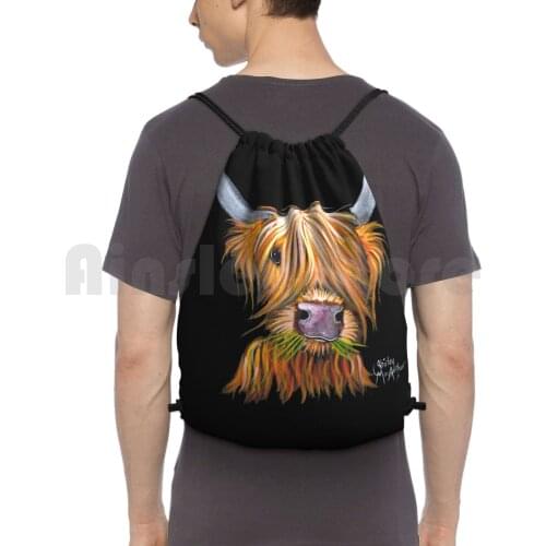Highland Cow Print ' Little Viking ' By Shirley Macarthur Backpack Drawstring Bags Gym Bag Waterproof Highland Cow
