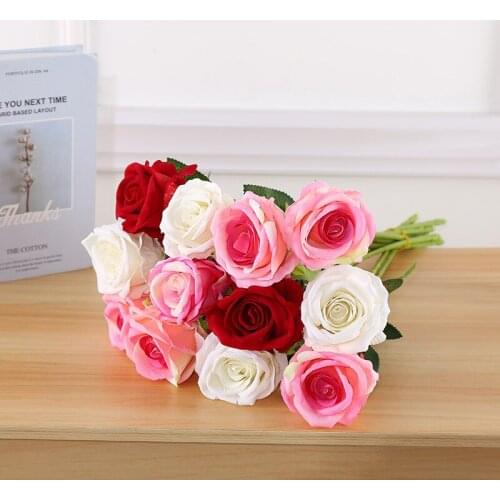 3pcs/lot Rose Pink Silk Bouquet Rose Artificial Flowers Bud Bouquet DIY Craft Bride Wedding Party Home Decoration Fake Flowers