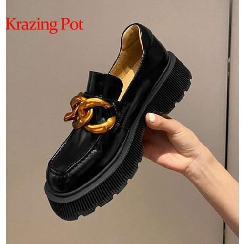 Krazing Pot genuine leather round toe high heels metal decoration British style retro fashion slip on convenient women pumps L75