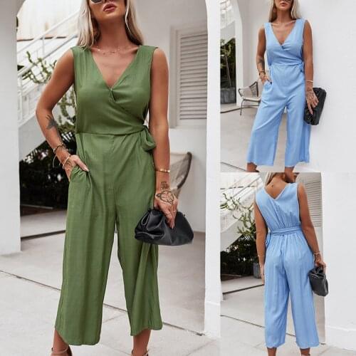 Fashion Womens Jumpsuit Business Clothing Sleeveless V-neck One-Piece Homewear Set Wide Leg Pants Casual Suit ropa mujer