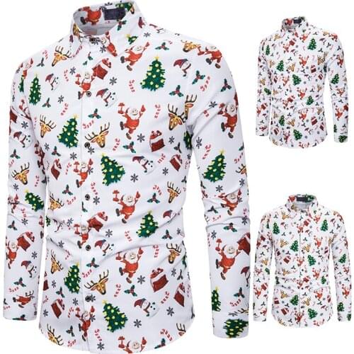 Men Long Sleeve Shirt Christmas Shirt Banquet Holiday Printed Tops Fashion Cartoon Men Long Sleeve Shirt