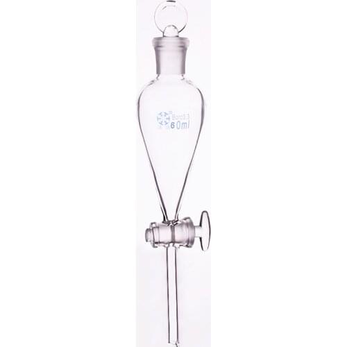 Separatory funnel pear shape,with ground-in glass stopper and stopcock.Capacity 60ml,glass switch valve