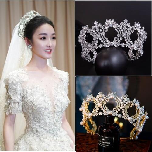 HIMSTORY Luxury Vintage Gold Color Crystal Beads Pearl Wedding Crown Rhinestone Bride Tiara Baroque Queen Princess Headband