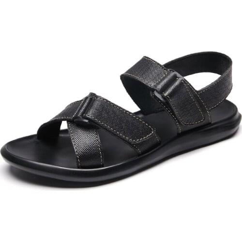 Genuine Leather Concise Black Mens Sandals 2021 Summer Open Toe Breathable Casual Shoes Classic Fashion Non-slip Youth Sandals